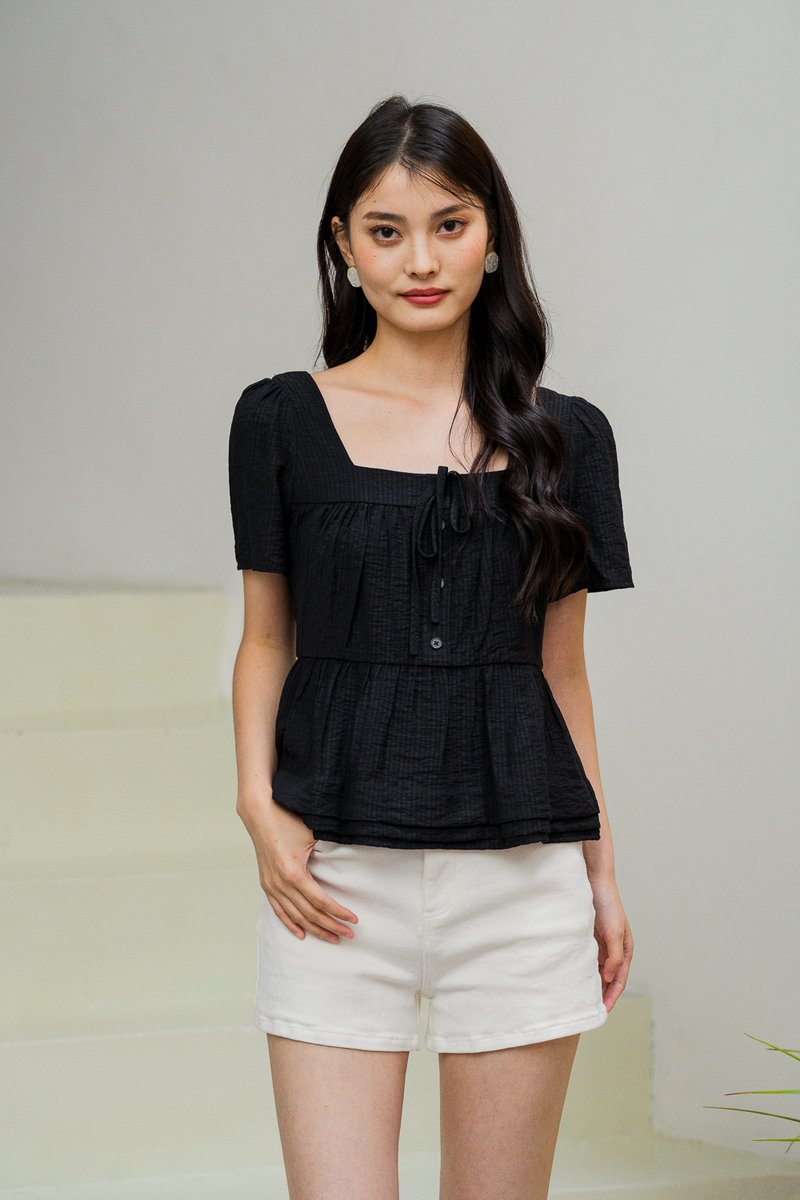 Tatum Textured Ribbonette Square Neck Top In Black (XS)