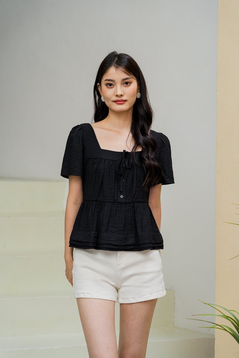 Tatum Textured Ribbonette Square Neck Top In Black (XS)