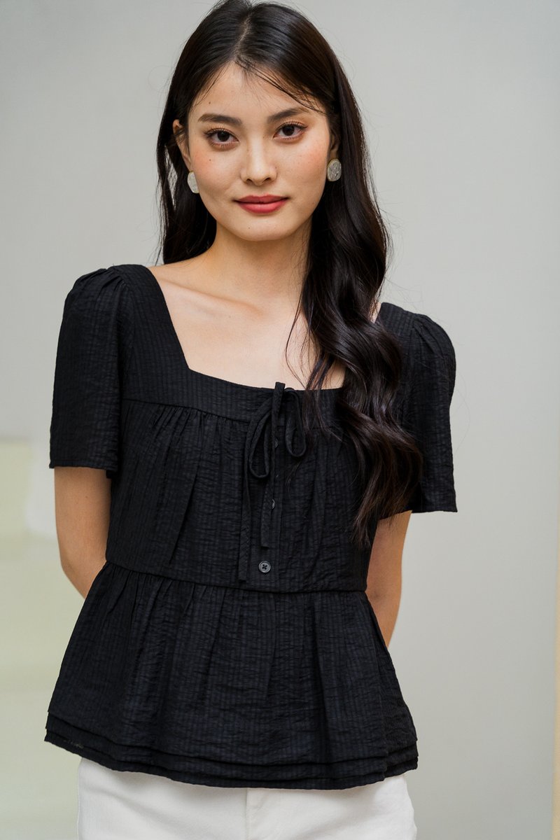 Tatum Textured Ribbonette Square Neck Top In Black (XS)