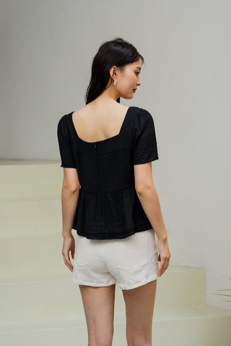 Tatum Textured Ribbonette Square Neck Top In Black (XS)