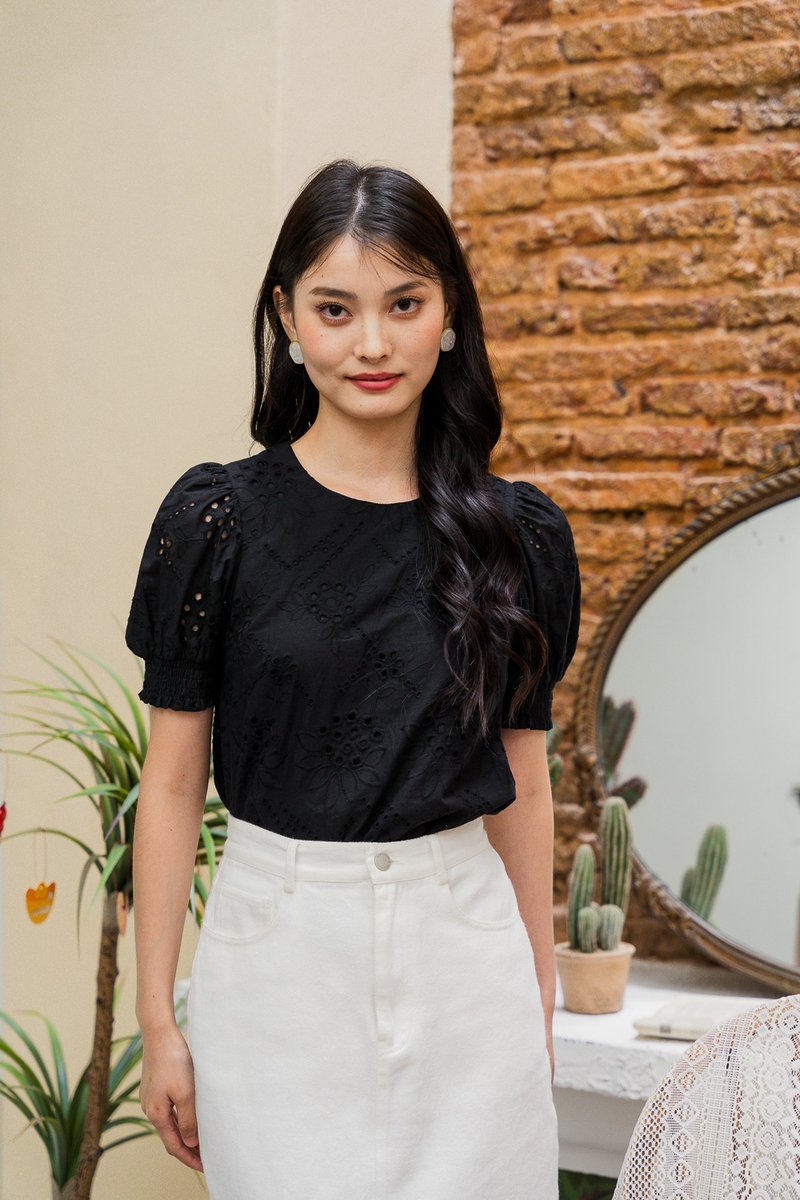Sabina Eyelet Smocked Sleeve Top In Black