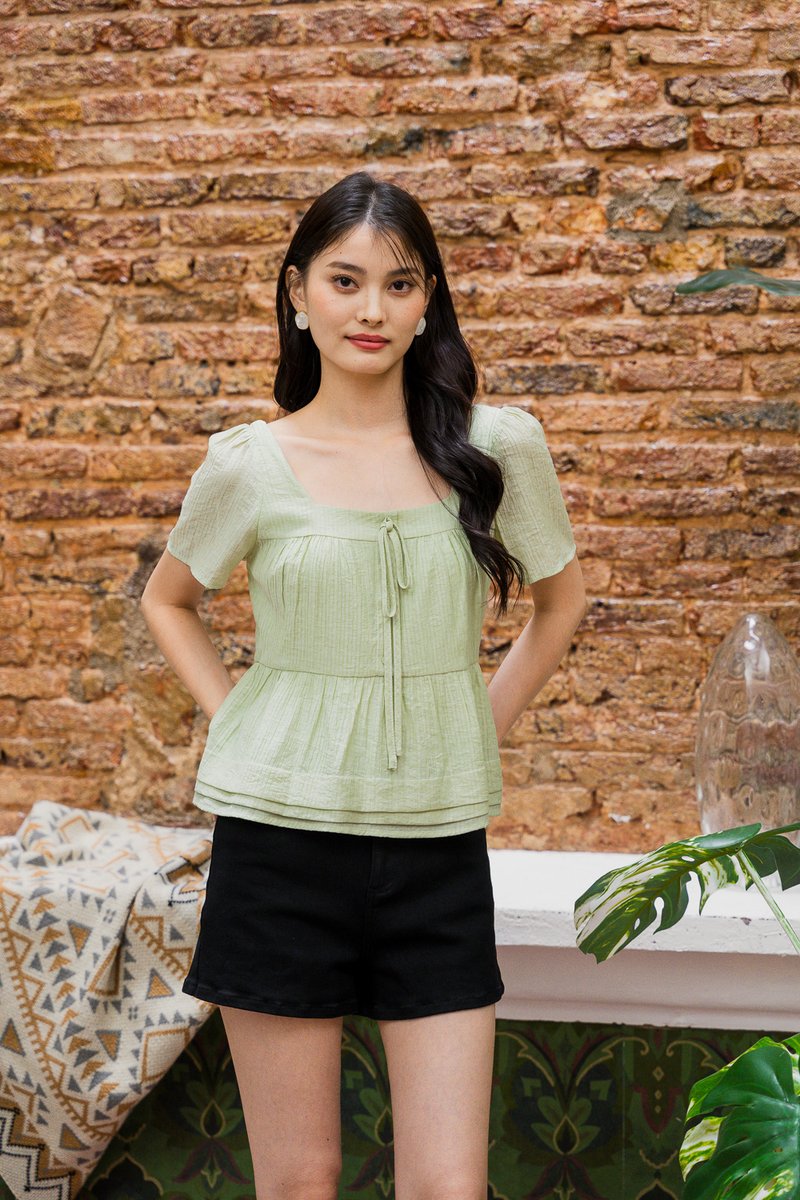 Tatum Textured Ribbonette Square Neck Top In Apple Green (XS)