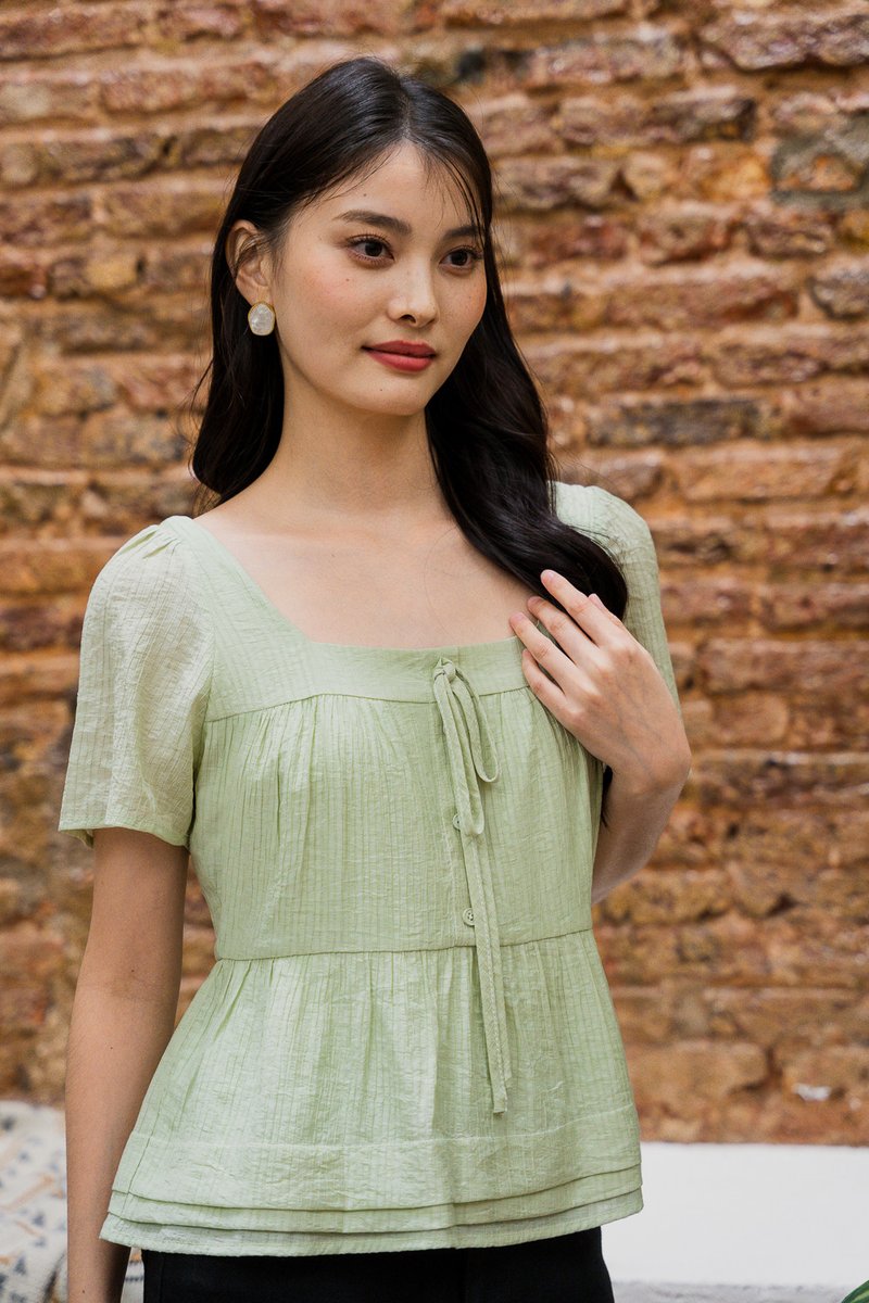 Tatum Textured Ribbonette Square Neck Top In Apple Green (XS)