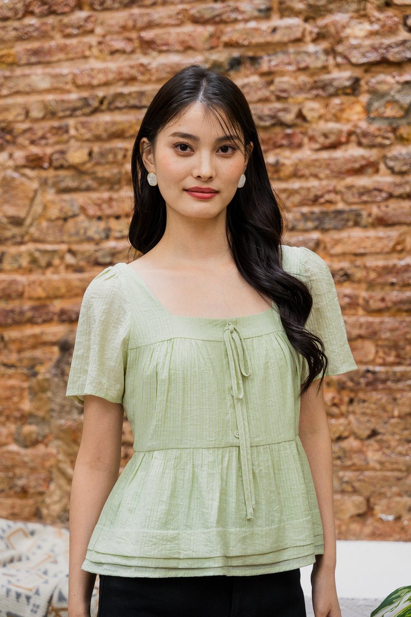 Tatum Textured Ribbonette Square Neck Top In Apple Green (XS)
