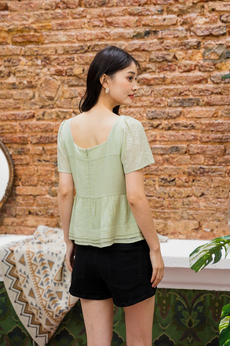 Tatum Textured Ribbonette Square Neck Top In Apple Green (XS)