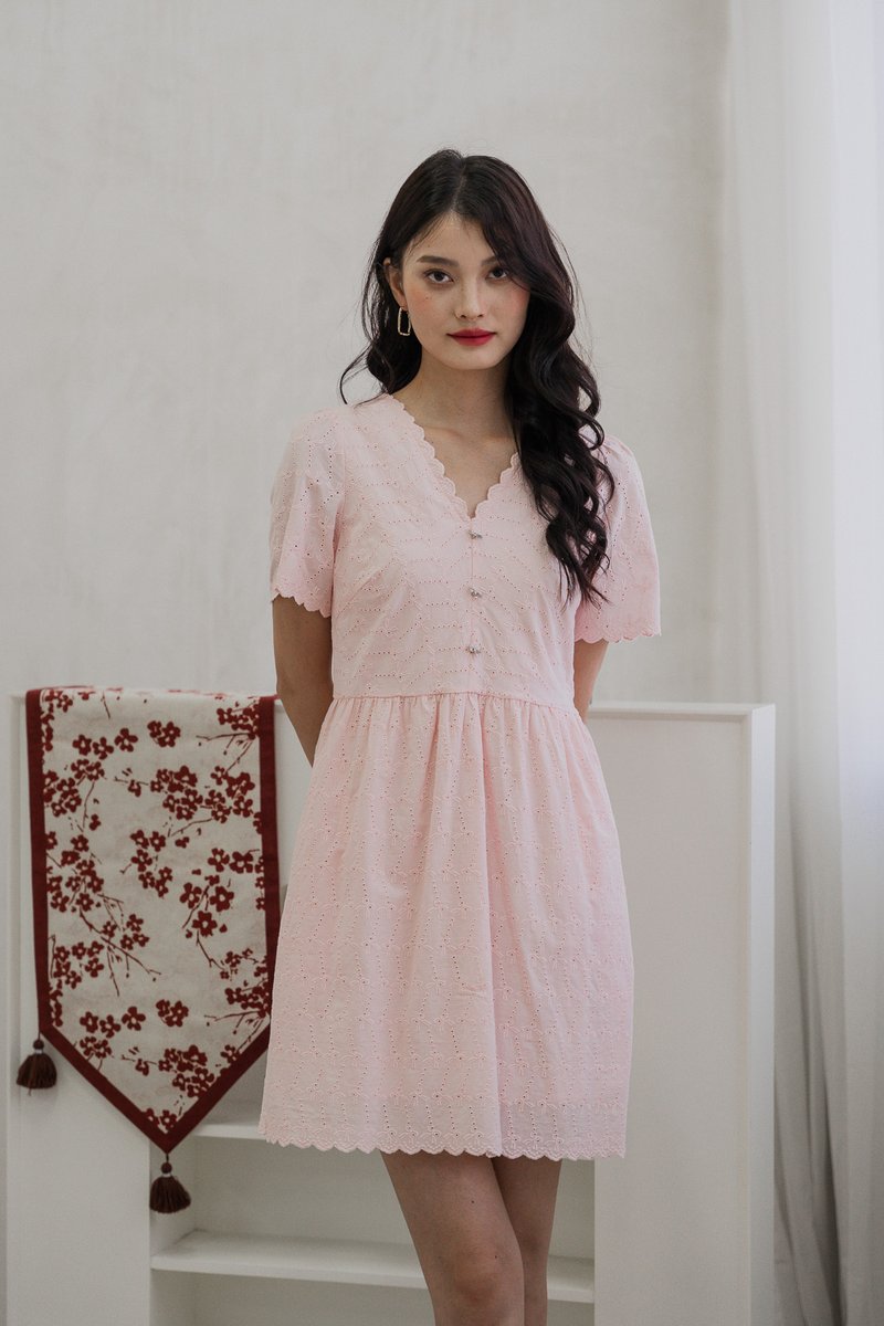 Elaine Ribbon Button Eyelet Dress In Pink (XS)
