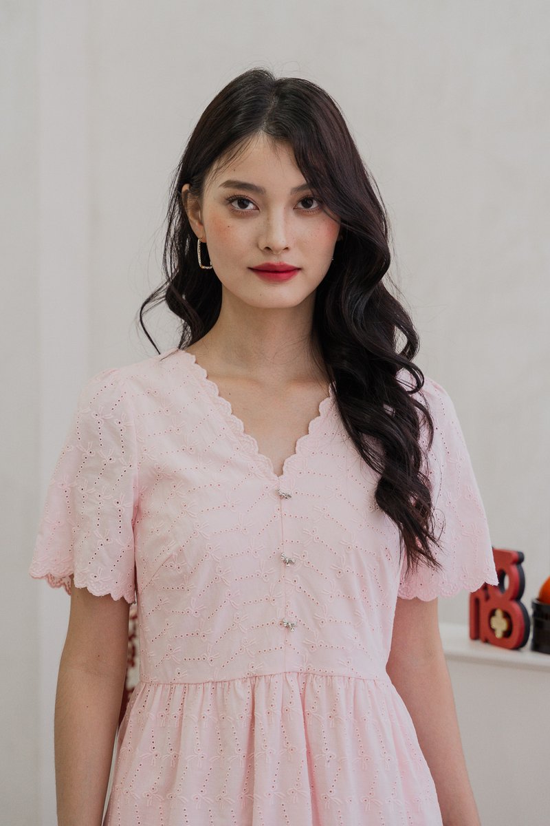 Elaine Ribbon Button Eyelet Dress In Pink (XS)