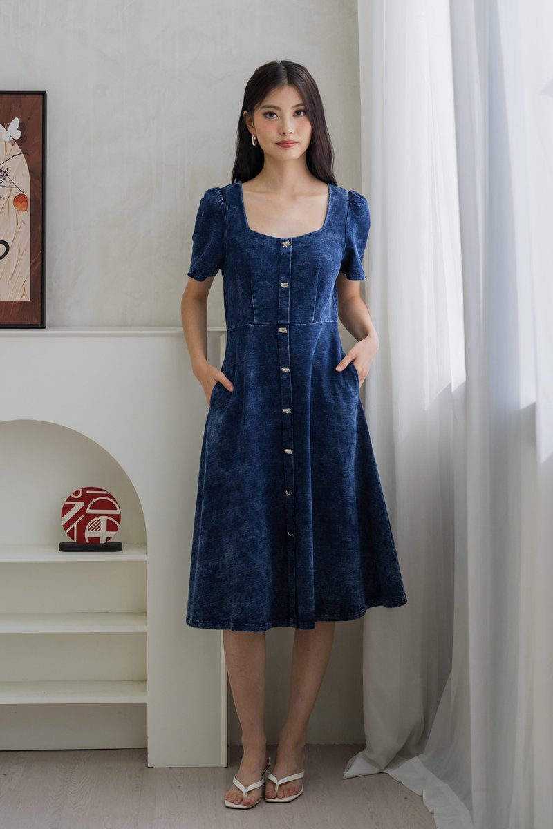 Sterling Denim Silver Button Midi Dress (XS)
