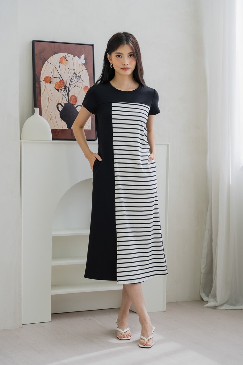 Stallon Striped Midi Dress In Black