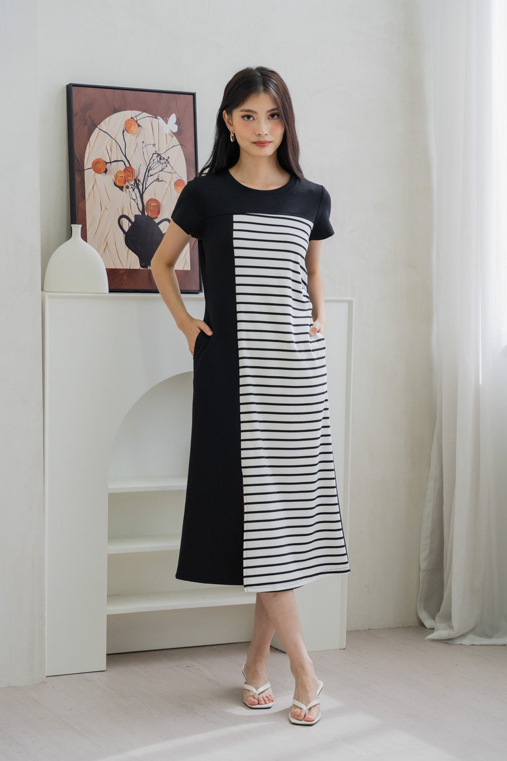 Stallon Striped Midi Dress In Black