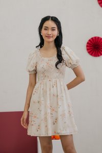 Solace Floral Smocked Puff Sleeves Dress in Cream (XS)