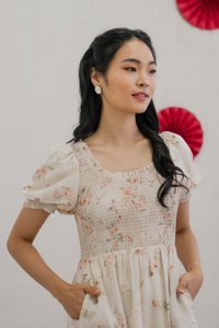 Solace Floral Smocked Puff Sleeves Dress in Cream (XS)