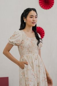 Solace Floral Smocked Puff Sleeves Dress in Cream (XS)