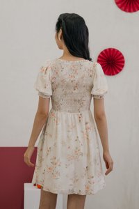 Solace Floral Smocked Puff Sleeves Dress in Cream (XS)