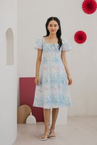 Cyan Pastel Ruched Ribbon Midi Dress in Blue (XS)