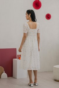 Clarity Smocked Back Sweetheart Midi Dress in White (XS)