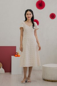 Viva Eyelet V-neck Midi Dress in Cream (XS)