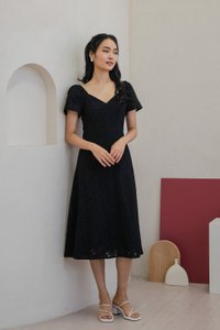 Viva Eyelet V-neck Midi Dress in Black (XS)