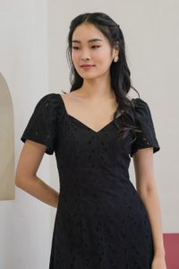 Viva Eyelet V-neck Midi Dress in Black (XS)