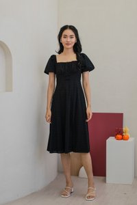 Brigette Eyelet Ruched Bow Midi Dress in Black