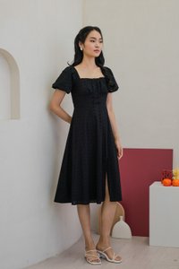 Brigette Eyelet Ruched Bow Midi Dress in Black