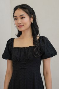 Brigette Eyelet Ruched Bow Midi Dress in Black