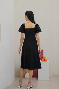Brigette Eyelet Ruched Bow Midi Dress in Black