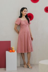 Brigette Eyelet Ruched Bow Midi Dress in Rose