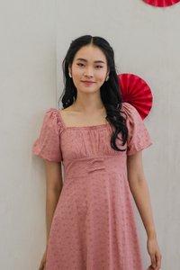 Brigette Eyelet Ruched Bow Midi Dress in Rose