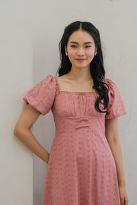 Brigette Eyelet Ruched Bow Midi Dress in Rose