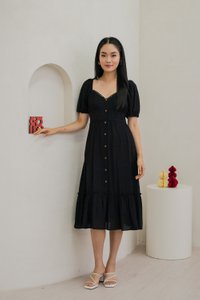 Tule Textured Front Button Midi Dress In Black