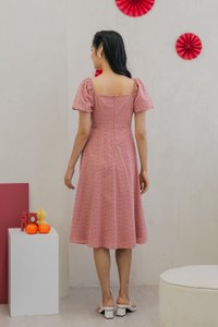 Brigette Eyelet Ruched Bow Midi Dress in Rose