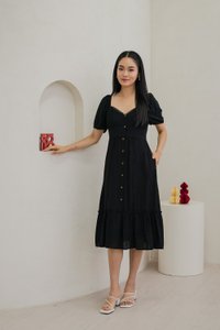 Tule Textured Front Button Midi Dress In Black