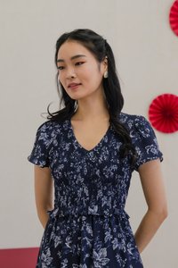 Vela Floral Smocked V-neck Midi Dress in Navy (XS)