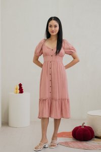 Tule Textured Front Button Midi Dress In Rose