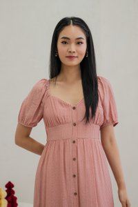 Tule Textured Front Button Midi Dress In Rose