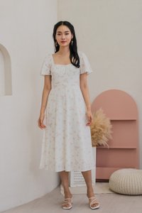Blooming Eyelet Ruched Midi Dress In Pink