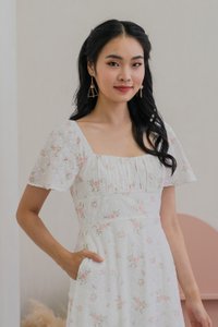 Blooming Eyelet Ruched Midi Dress In Pink