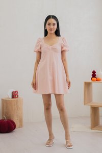Bambi Ribbon Embroidery Puff Sleeve Dress In Pink (XS)