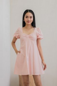 Bambi Ribbon Embroidery Puff Sleeve Dress In Pink (XS)