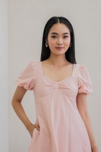 Bambi Ribbon Embroidery Puff Sleeve Dress In Pink (XS)