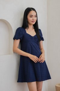 Bambi Ribbon Embroidery Puff Sleeve Dress In Navy