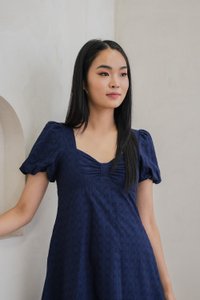 Bambi Ribbon Embroidery Puff Sleeve Dress In Navy