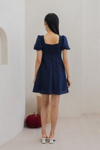 Bambi Ribbon Embroidery Puff Sleeve Dress In Navy