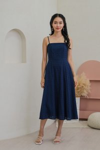 Carly Embroidery Eyelet Camisole Midi Dress In Navy (XS)