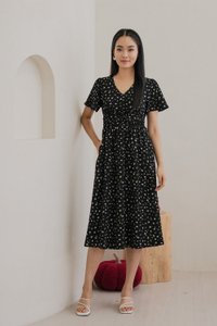 Raven Floral Ruched Midi Dress In Black (XS)