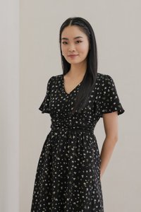 Raven Floral Ruched Midi Dress In Black (XS)