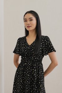 Raven Floral Ruched Midi Dress In Black (XS)