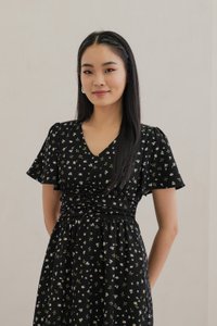 Raven Floral Ruched Midi Dress In Black (XS)