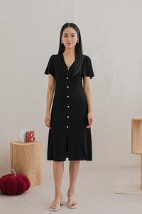 Portia Pearl Button Slit Midi Dress In Black (XS)
